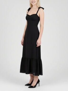 Black Tie-Shoulder Midi Dress-CC
